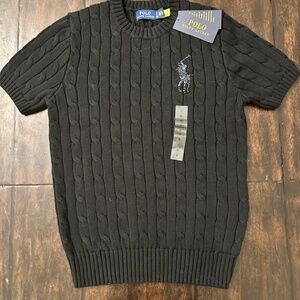 Women's Polo Ralph Lauren Short Sleeve Cable Knit Crewneck Sweater Black Beaded